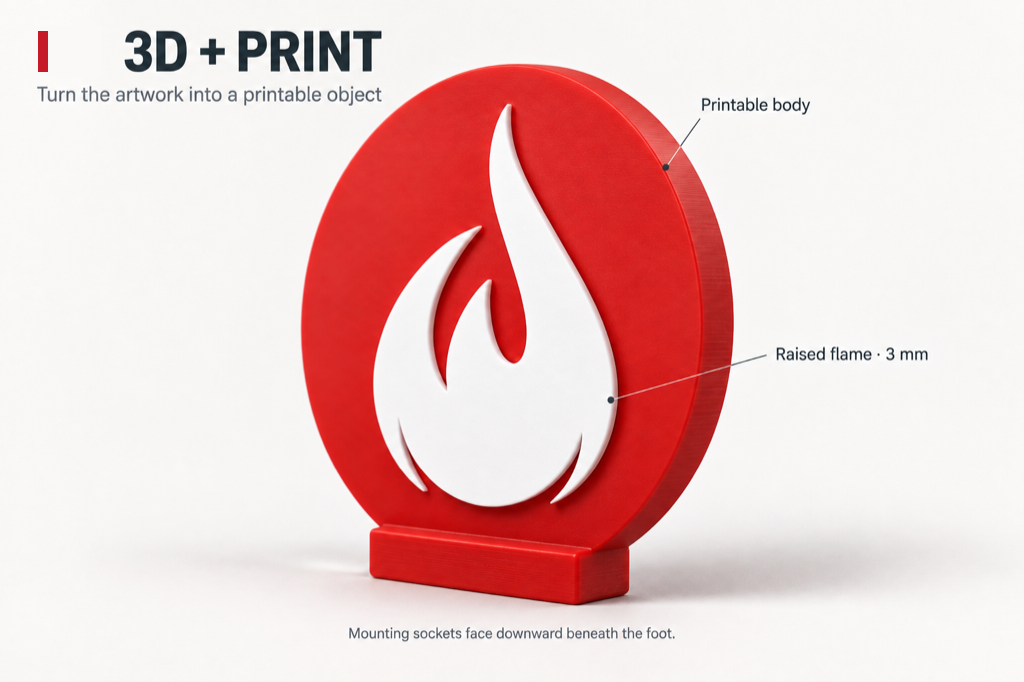 3D print example: the Fireball flame modeled as a printable stand