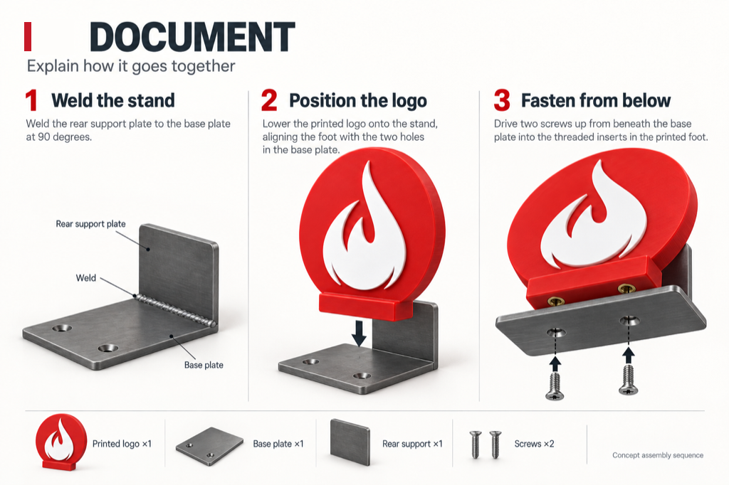 Document example: numbered assembly instructions with a parts list