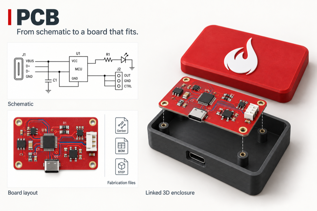 PCB example: schematic, board layout and a linked 3D enclosure
